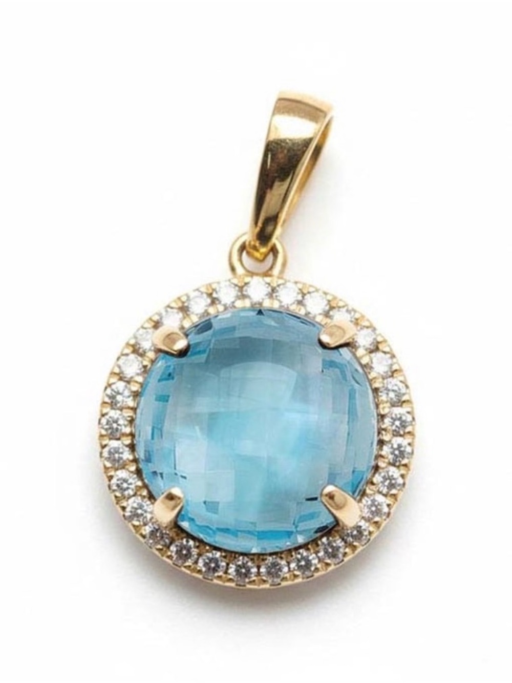 14k Gold Blue Topaz and Diamond Halo Pendant Necklace with Chain